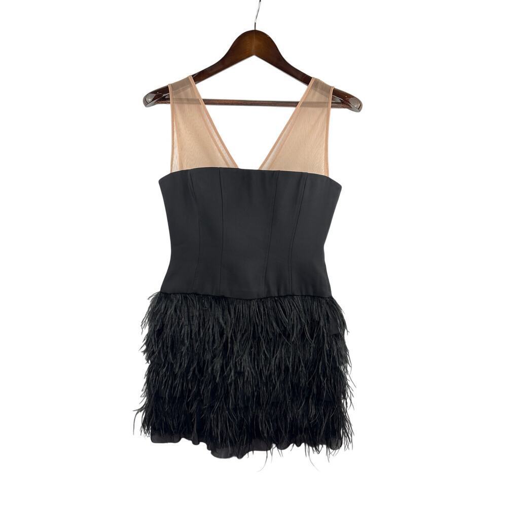 Women’s BCBG Maxazria Size 4 Black Corseted Mini Dress w/ Feathered Bottom
